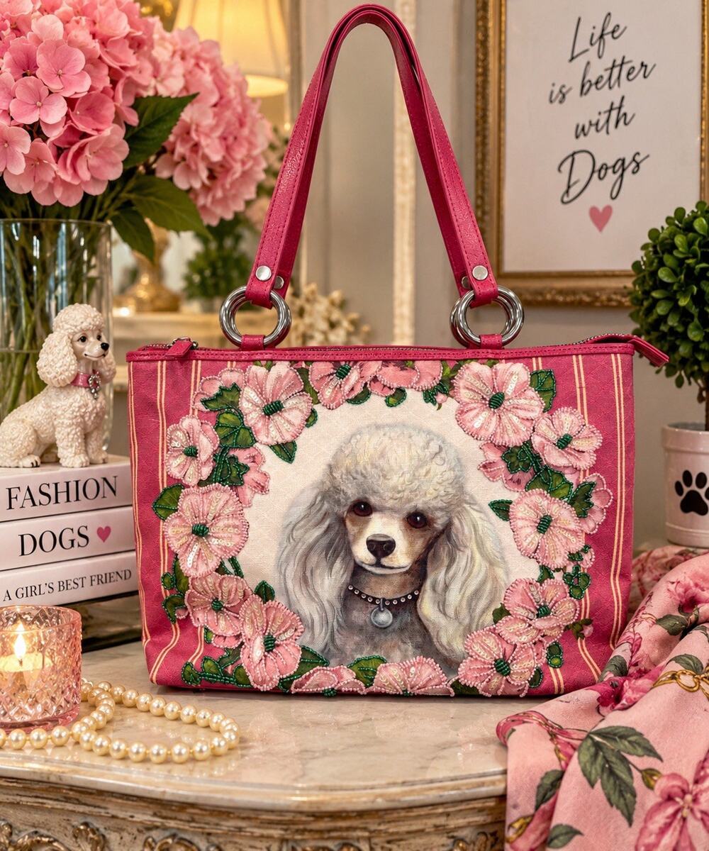 Vintage Isabella Fiore Posh Poodle Dog Beaded Floral Pink Shoulder Bag